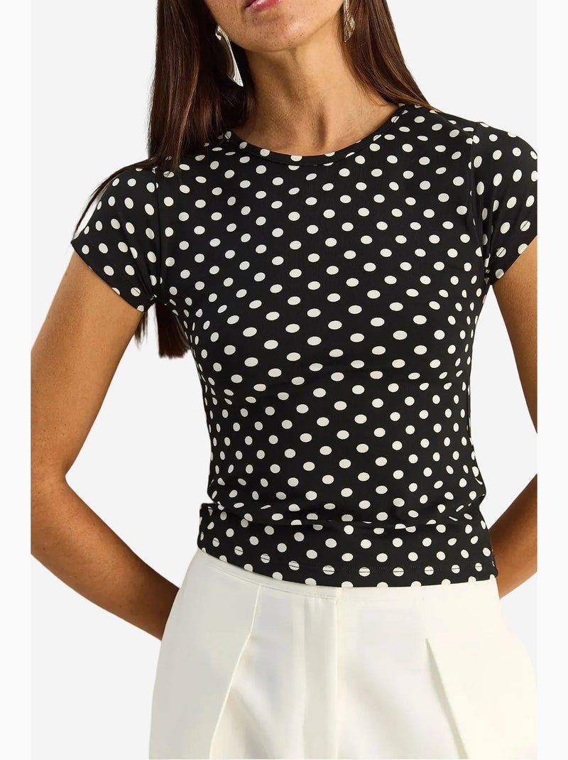 T-shirt crop a pois con girocollo lucci Nero Bianco - Kiabi