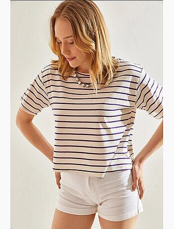 T-shirt crop a righe boxy con girocollo lucci