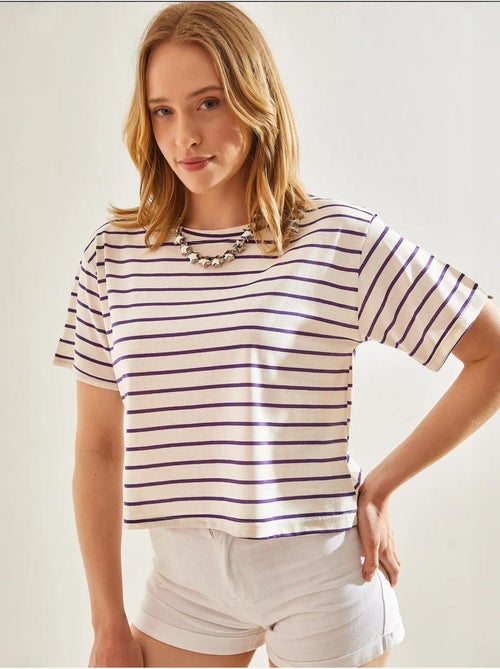 T-shirt crop a righe boxy con girocollo lucci - Kiabi T-shirt crop a righe boxy con girocollo lucci - Kiabi