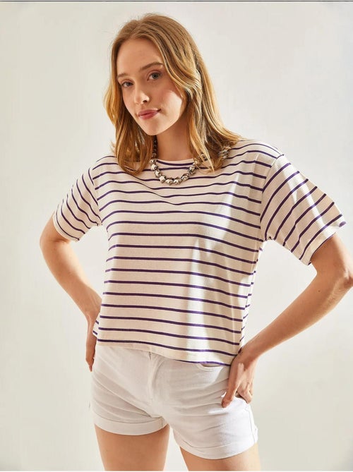 T-shirt crop a righe boxy con girocollo lucci - Kiabi T-shirt crop a righe boxy con girocollo lucci - Kiabi