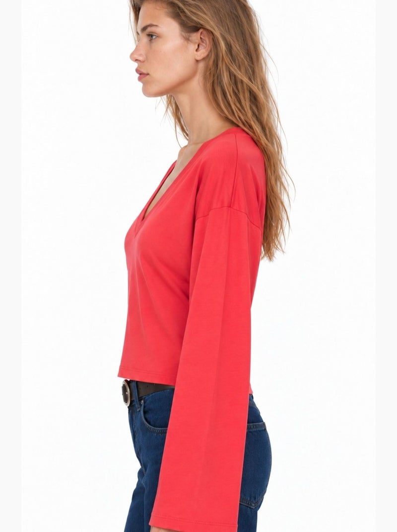 T-shirt crop con scollo a v, vestibilità slim busem Arancione - Kiabi
