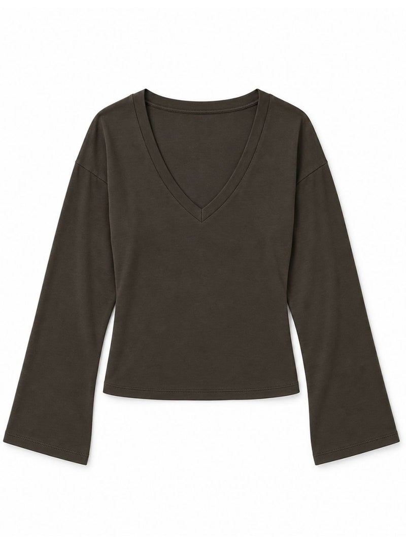 T-shirt crop con scollo a v, vestibilità slim busem Marrone scuro - Kiabi