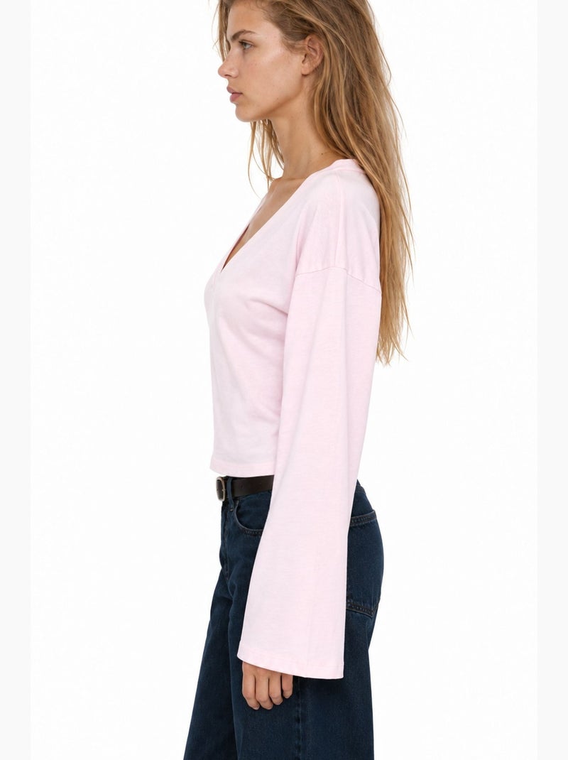 T-shirt crop con scollo a v, vestibilità slim busem Rosa confetto - Kiabi
