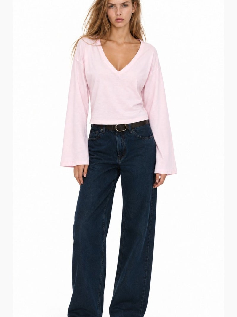 T-shirt crop con scollo a v, vestibilità slim busem Rosa confetto - Kiabi