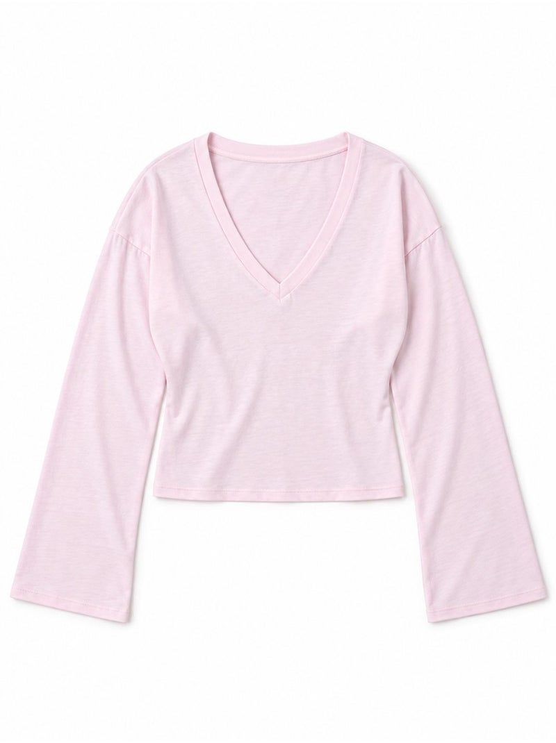 T-shirt crop con scollo a v, vestibilità slim busem Rosa confetto - Kiabi