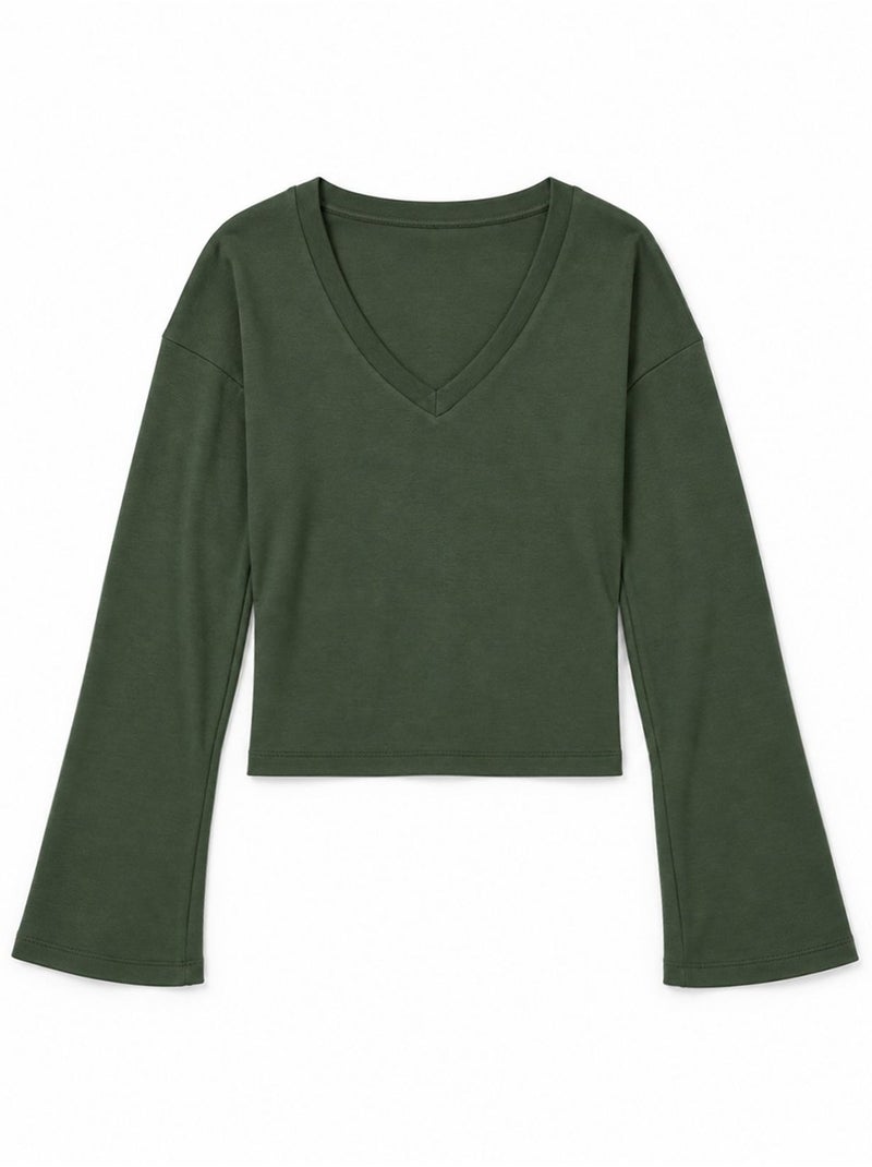 T-shirt crop con scollo a v, vestibilità slim busem Verde scuro - Kiabi