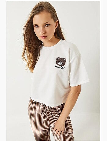 T-shirt crop ricamato con girocollo lucci
