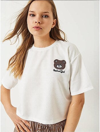 T-shirt crop ricamato con girocollo lucci