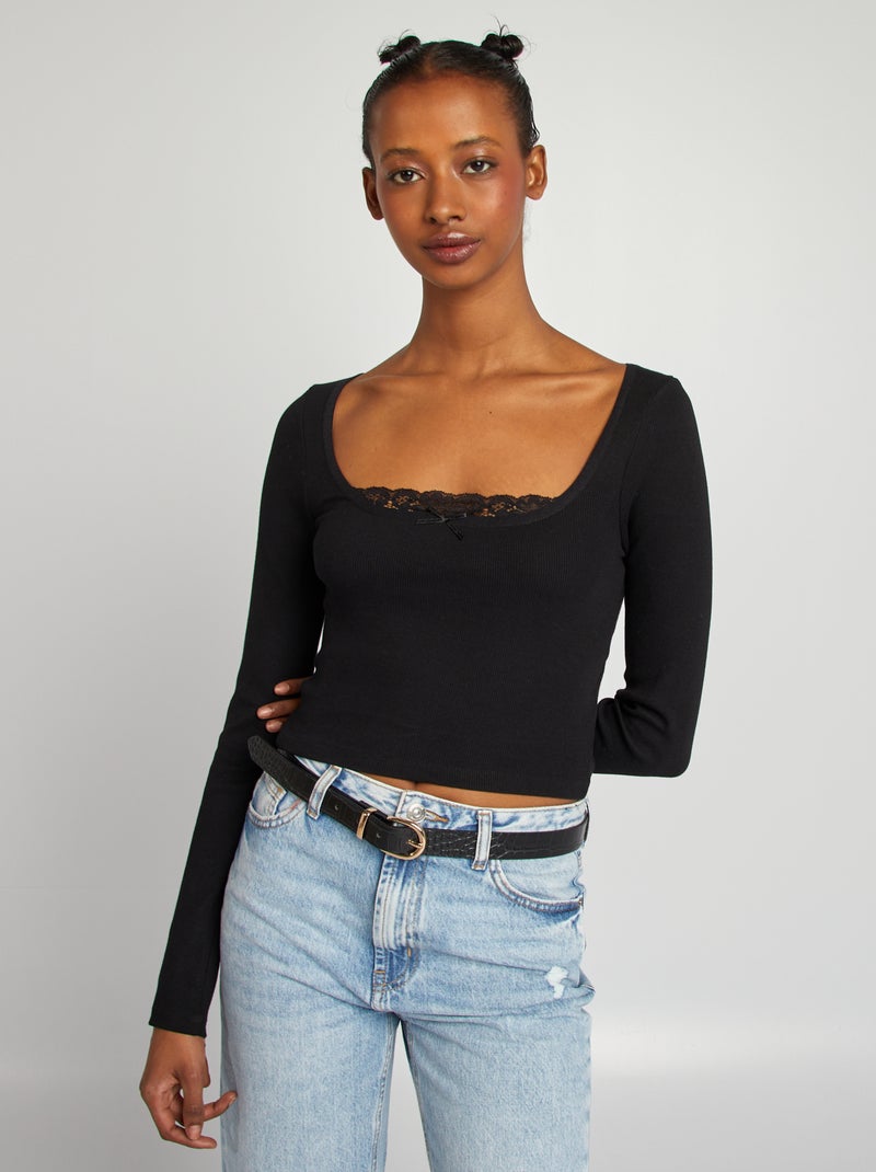 T-shirt crop top a coste con maniche lunghe nero - Kiabi