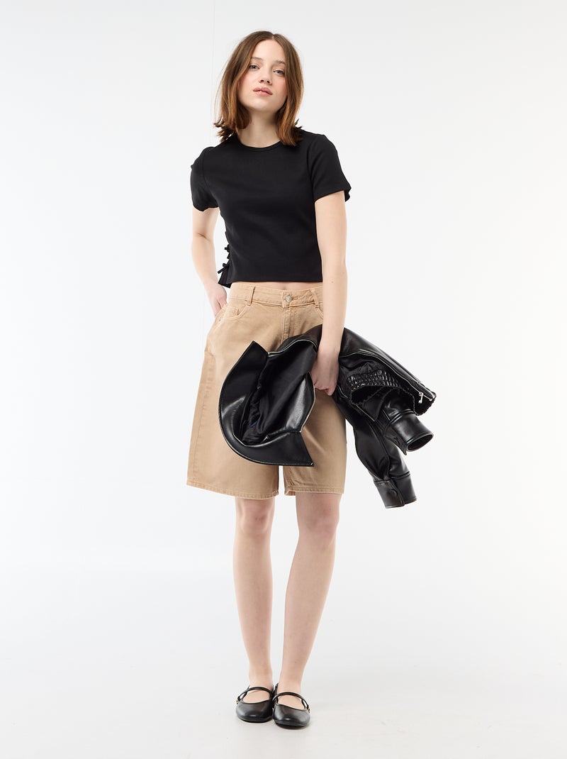 T-shirt cropped a coste con nodi Nero - Kiabi