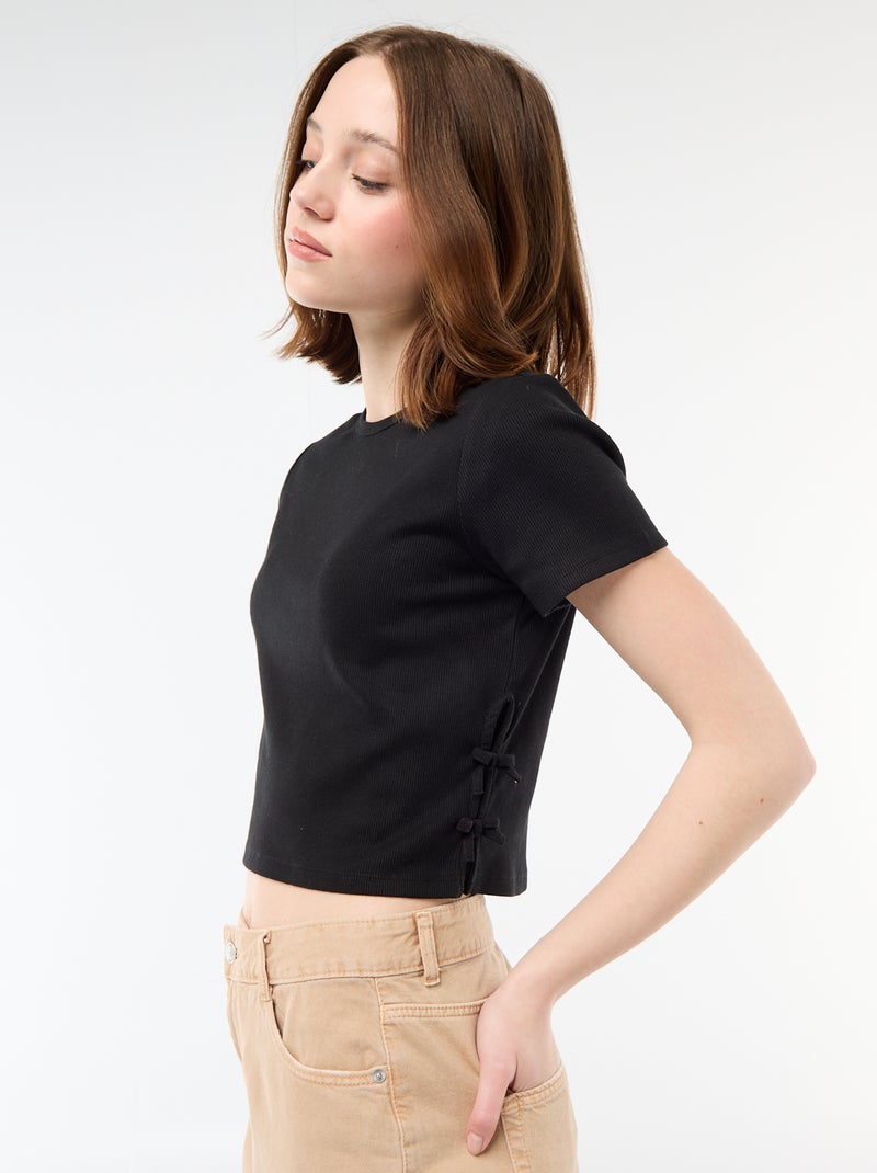 T-shirt cropped a coste con nodi Nero - Kiabi