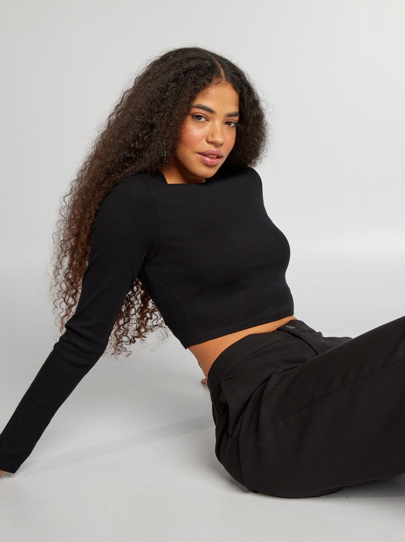T-shirt cropped a coste nero - Kiabi