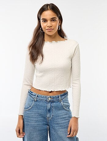 T-shirt cropped a maniche lunghe e tessuto crêpe