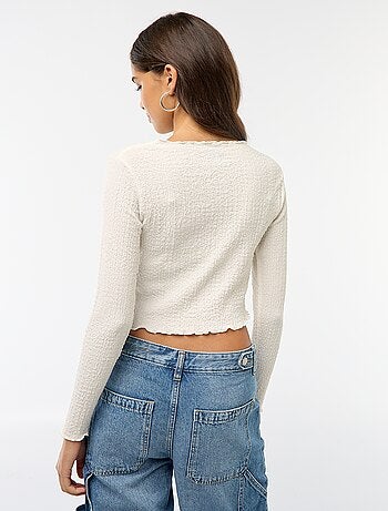 T-shirt cropped a maniche lunghe e tessuto crêpe