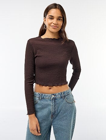 T-shirt cropped a maniche lunghe e tessuto crêpe
