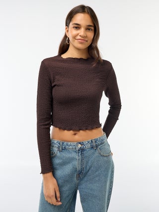 T-shirt cropped a maniche lunghe e tessuto crêpe