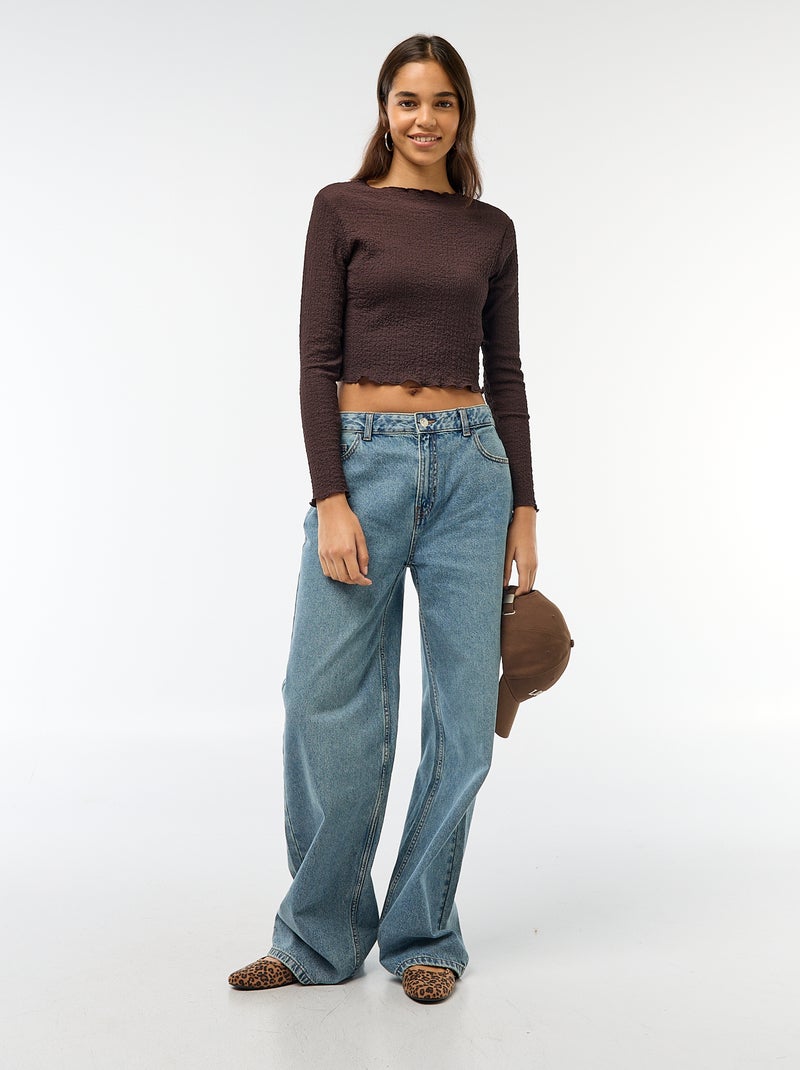 T-shirt cropped a maniche lunghe e tessuto crêpe Marrone - Kiabi