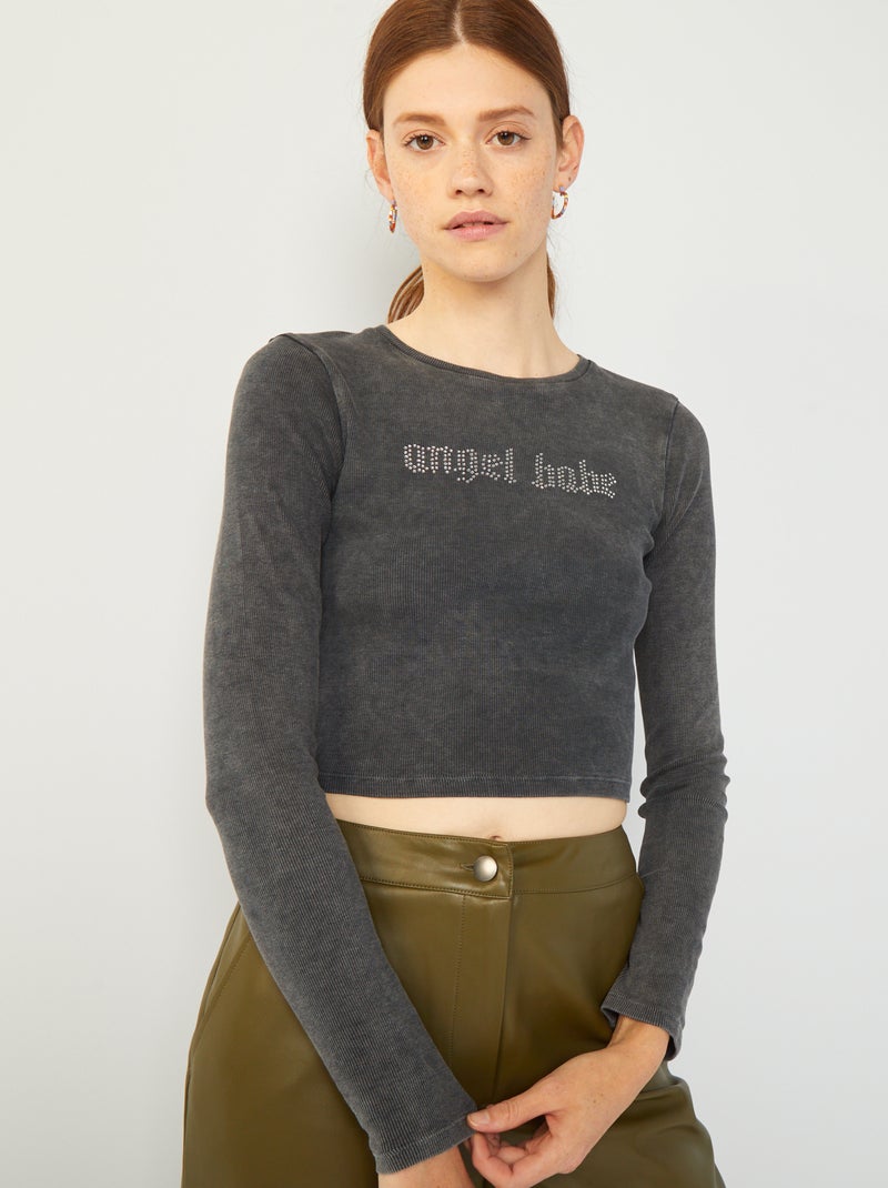 T-shirt cropped con scritta con strass GRIGIO - Kiabi