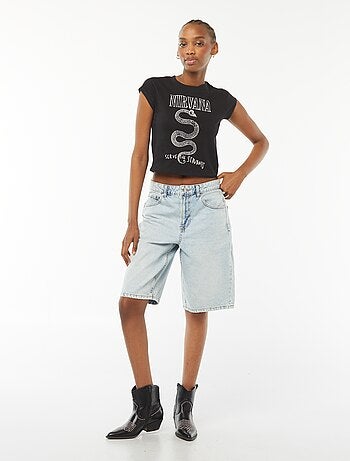 T-shirt cropped fit a maniche corte con stampa "Nirvana