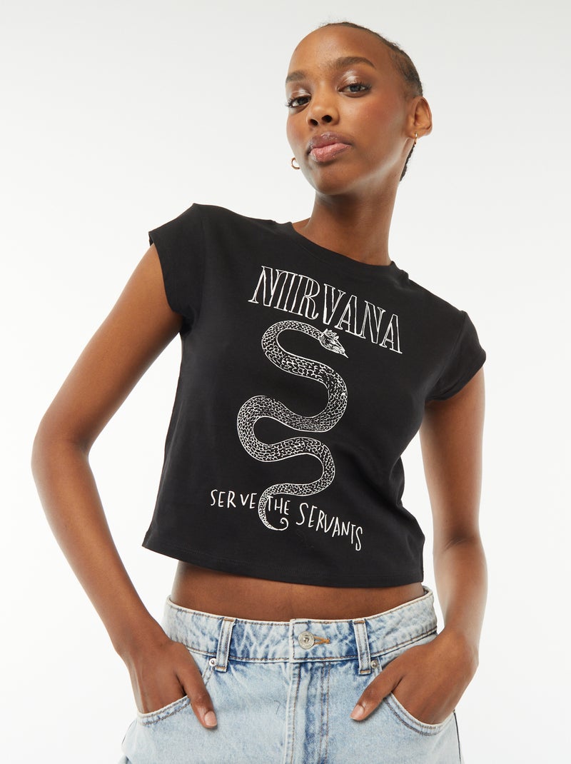 T-shirt cropped fit a maniche corte con stampa "Nirvana" nero - Kiabi