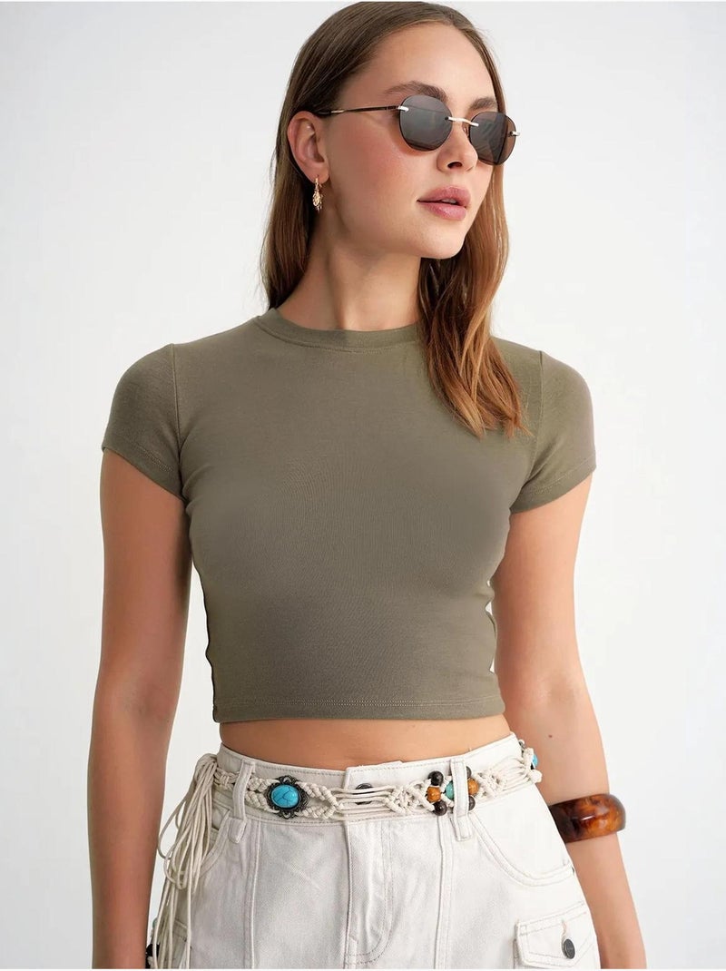 T-shirt cropped in maglia aderente mixray Cachi - Kiabi