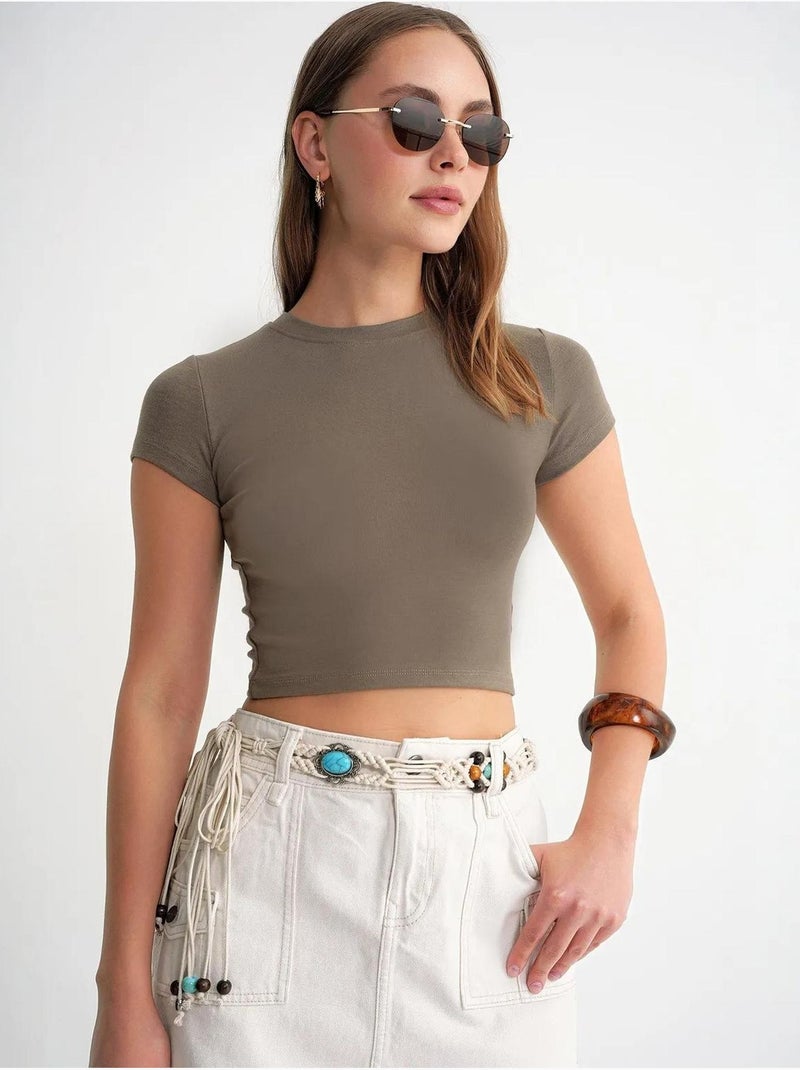 T-shirt cropped in maglia aderente mixray Cachi - Kiabi