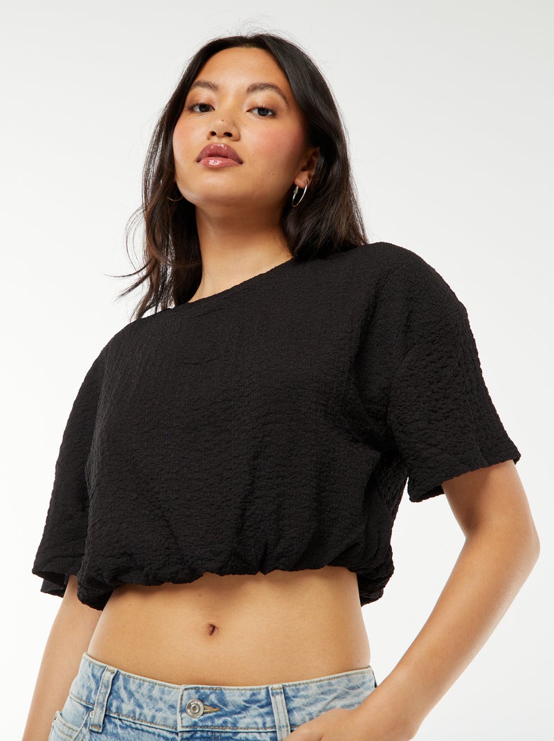 T-shirt cropped in maglia goffrata nero - Kiabi