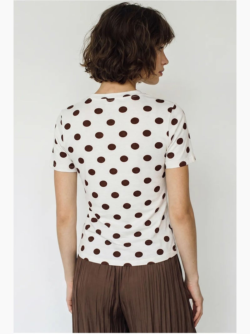 T-shirt da donna aderente a pois con scollo a girocollo lucci Marrone - Kiabi