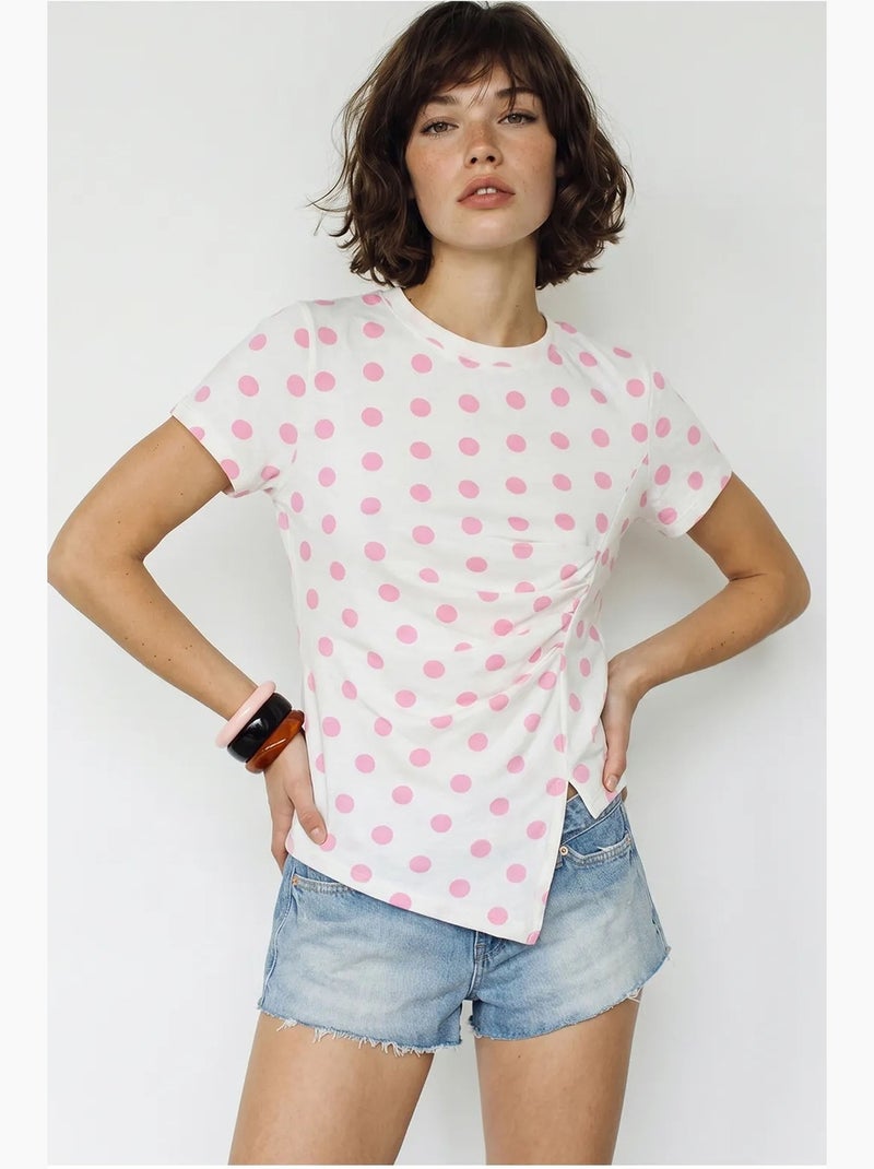 T-shirt da donna aderente a pois con scollo a girocollo lucci Rosa pallido - Kiabi