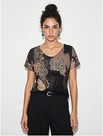 T-shirt da donna con stampa astratta e scollo a v lucci