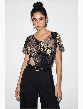 T-shirt da donna con stampa astratta e scollo a v lucci