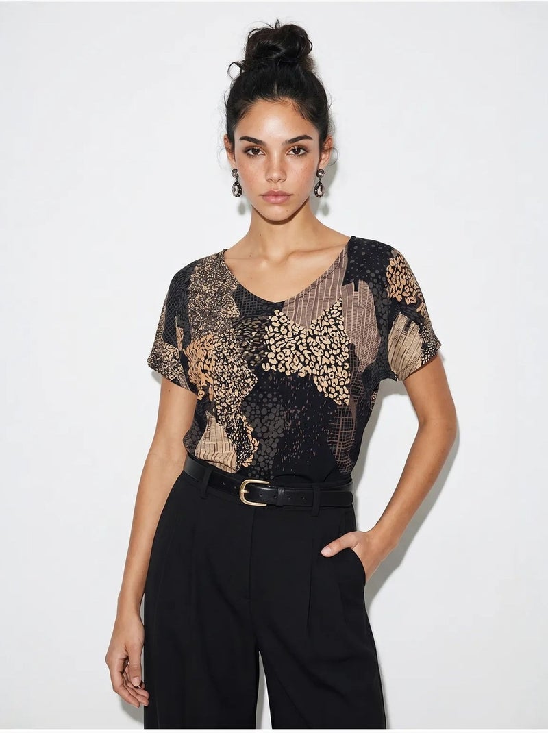 T-shirt da donna con stampa astratta e scollo a v lucci Multicolore - Kiabi