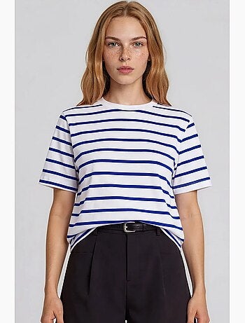 T-shirt da donna in cotone a righe con scollo rotondo busem
