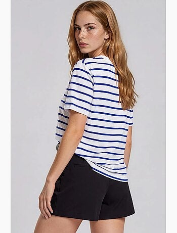 T-shirt da donna in cotone a righe con scollo rotondo busem