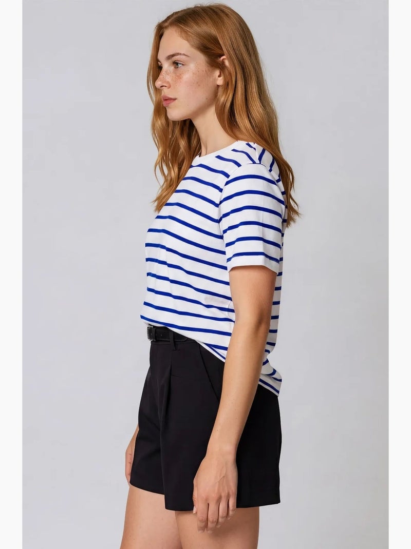 T-shirt da donna in cotone a righe con scollo rotondo busem Bianco Blu - Kiabi