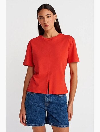 T-shirt da donna in cotone con girocollo e spacco dilvin