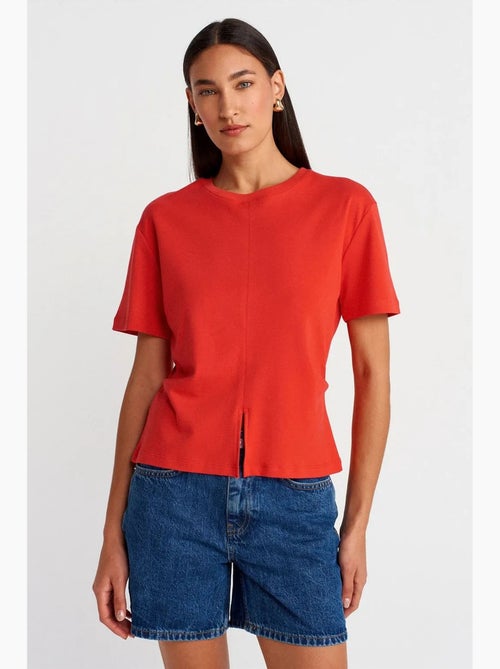 T-shirt da donna in cotone con girocollo e spacco dilvin - Kiabi T-shirt da donna in cotone con girocollo e spacco dilvin - Kiabi