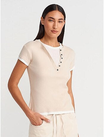 T-shirt da donna in cotone con scollo a v e bottoni dilvin