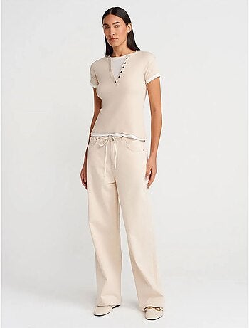 T-shirt da donna in cotone con scollo a v e bottoni dilvin