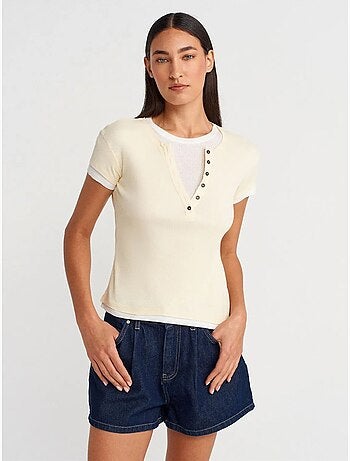 T-shirt da donna in cotone con scollo a v e bottoni dilvin