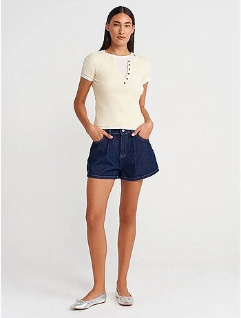 T-shirt da donna in cotone con scollo a v e bottoni dilvin