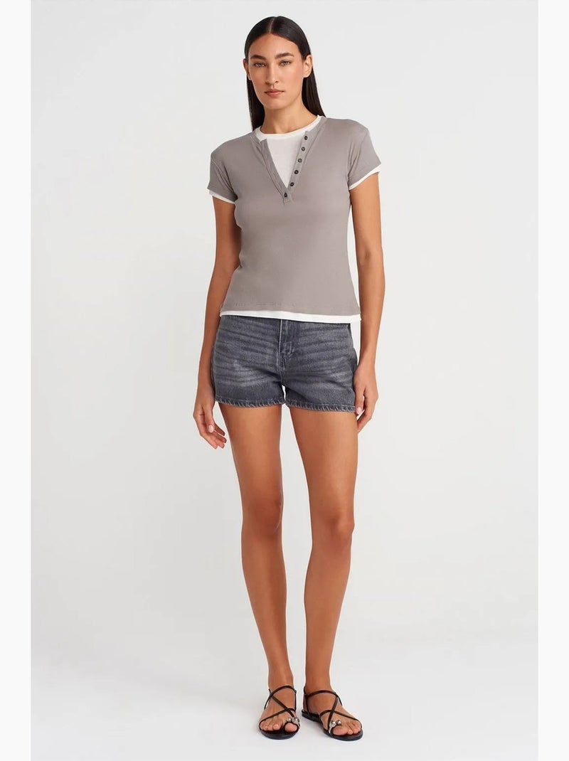 T-shirt da donna in cotone con scollo a v e bottoni dilvin Grigio - Kiabi