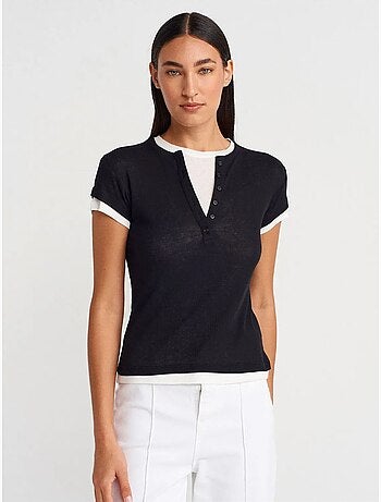 T-shirt da donna in cotone con scollo a v e bottoni dilvin