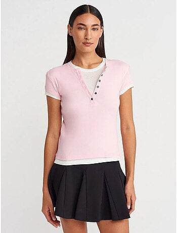T-shirt da donna in cotone con scollo a v e bottoni dilvin