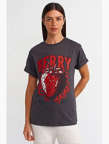 T-shirt da donna in cotone con stampa e girocollo dilvin