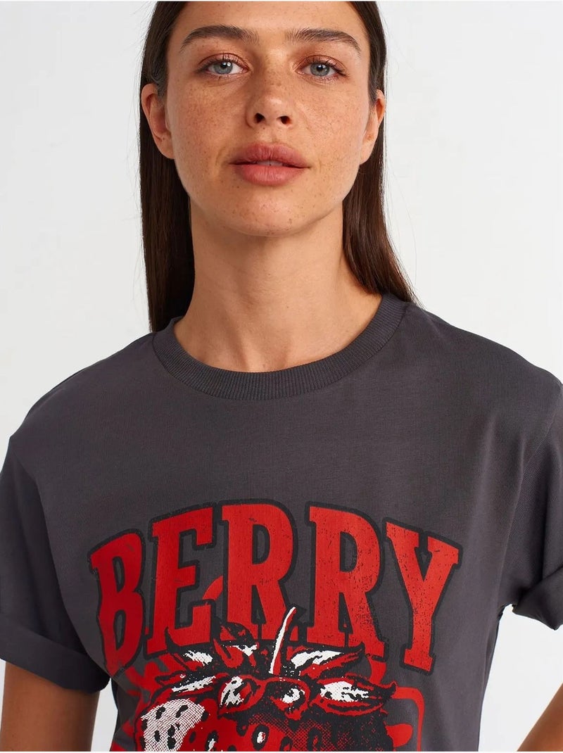 T-shirt da donna in cotone con stampa e girocollo dilvin Grigio nero - Kiabi