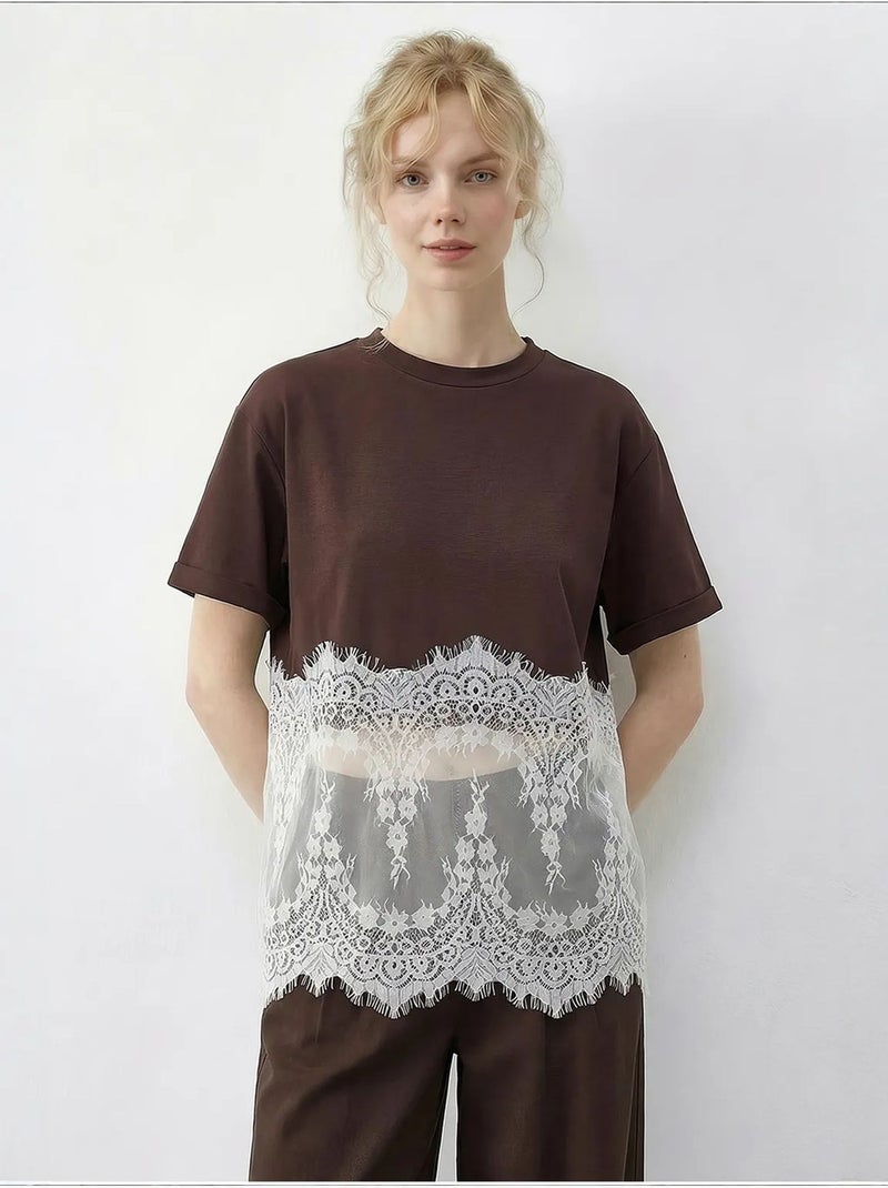 T-shirt da donna in cotone lucci Marrone cioccolato - Kiabi