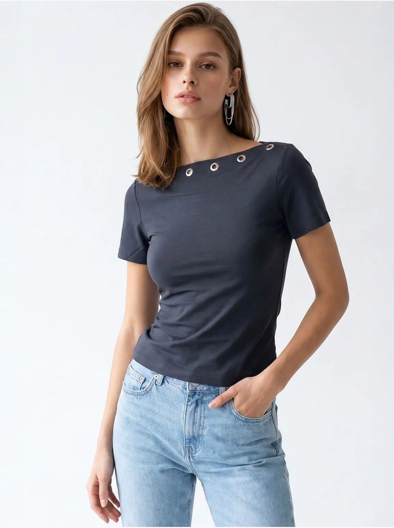 T-shirt da donna slim fit con scollo a barca mixray Grigio nero - Kiabi