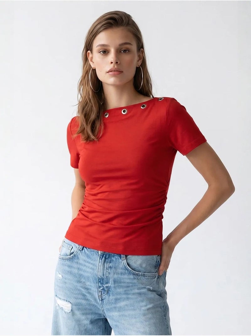 T-shirt da donna slim fit con scollo a barca mixray Rosso - Kiabi