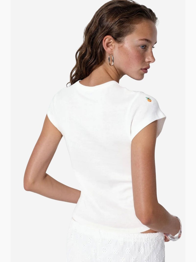 T-shirt da donna slim fit in cotone con ricamo e girocollo busem Bianco - Kiabi